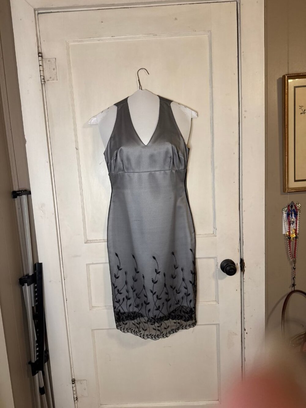 Vintage Y2k Hannah Hardy Satin V-Neck Cocktail Dress Sz 4 Embroidered Overlay